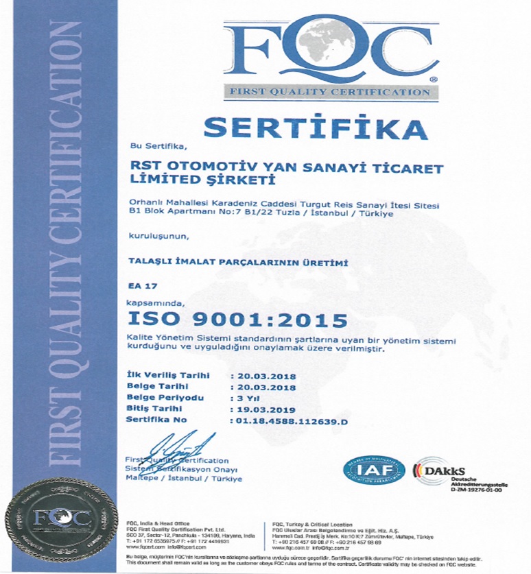 ISO 9001 Kalite Yönetim Sistemi Belgemizi Aldık